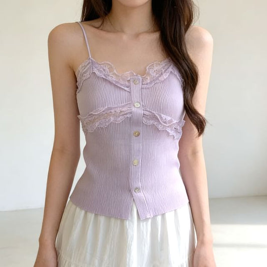 Lace Panel Ribbed Button-Up Knit Crop Camisole Top
