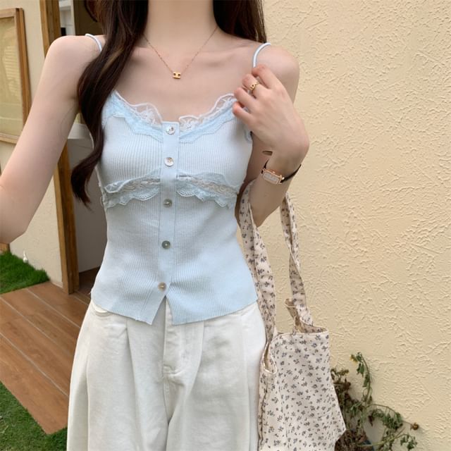 Lace Panel Ribbed Button-Up Knit Crop Camisole Top