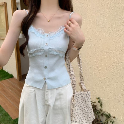 Lace Panel Ribbed Button-Up Knit Crop Camisole Top