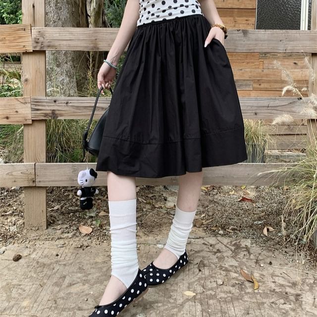 High Waist Plain Midi A-Line Skirt