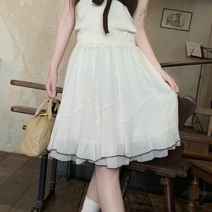 High Waist Contrast Trim Midi A-Line Layered Skirt