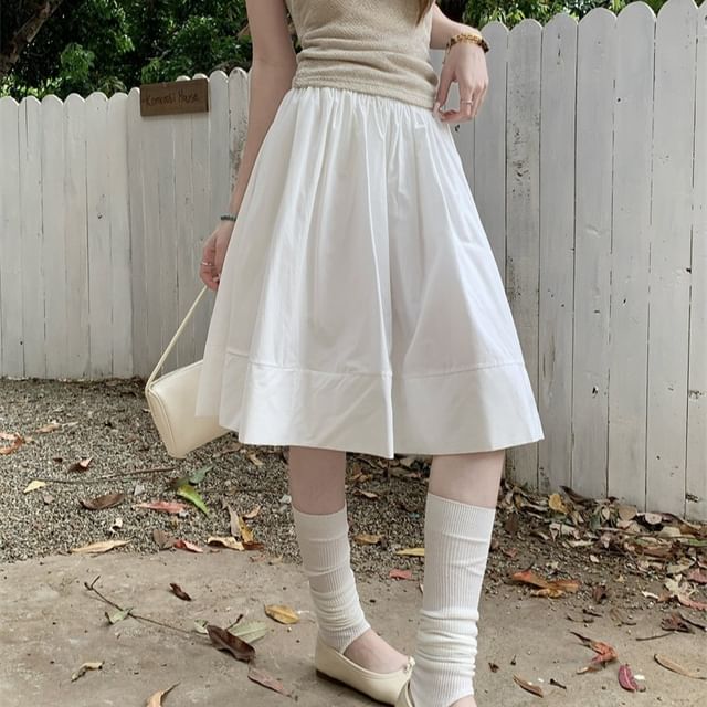 High Waist Plain Midi A-Line Skirt