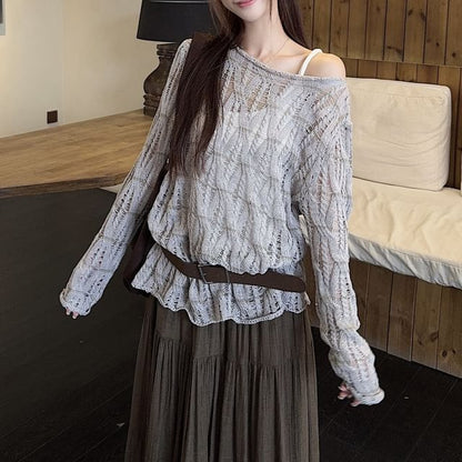 Long-Sleeve Boat Neck Plain Pointelle Knit Top / High Waist Midi A-Line Skirt / Faux Leather Belt