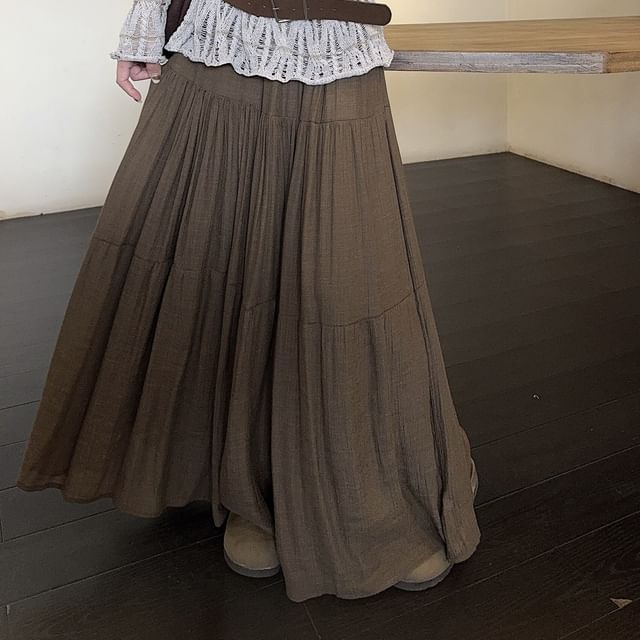Long-Sleeve Boat Neck Plain Pointelle Knit Top / High Waist Midi A-Line Skirt / Faux Leather Belt