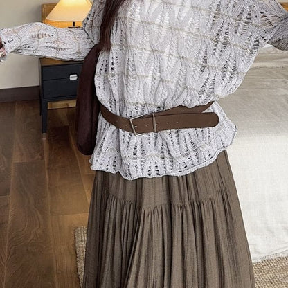Long-Sleeve Boat Neck Plain Pointelle Knit Top / High Waist Midi A-Line Skirt / Faux Leather Belt