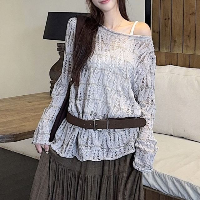 Long-Sleeve Boat Neck Plain Pointelle Knit Top / High Waist Midi A-Line Skirt / Faux Leather Belt