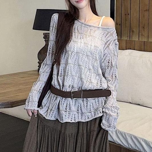 Long-Sleeve Boat Neck Plain Pointelle Knit Top / High Waist Midi A-Line Skirt / Faux Leather Belt