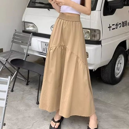 High Waist Plain Ruched Midi A-Line Skirt
