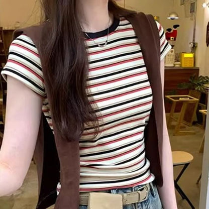 Crew-Neck Striped Short-Sleeve Fitted Tee
