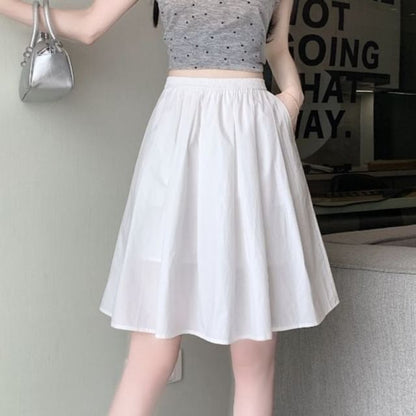 High Waist Plain Pleated A-Line Skirt