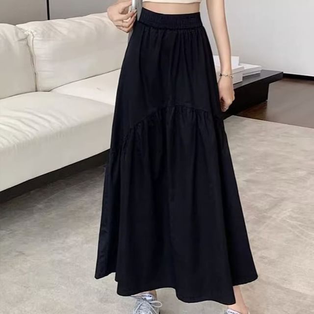 High Waist Plain Ruched Midi A-Line Skirt