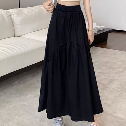 High Waist Plain Ruched Midi A-Line Skirt