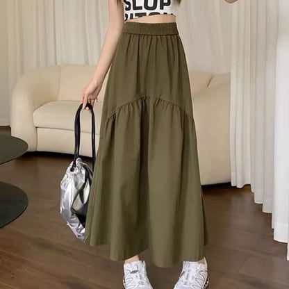 High Waist Plain Ruched Midi A-Line Skirt