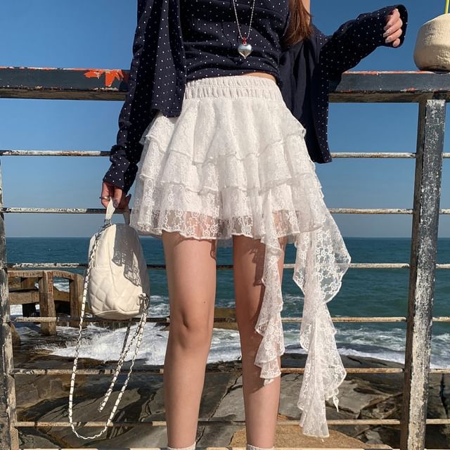 Elastic Waist Plain Tiered Asymmetrical Lace Mini A-Line Skirt