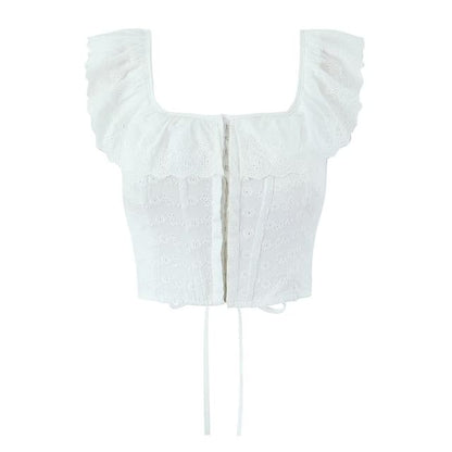 Square-Neck Ruffled-Trim Lace Corset Tank Top