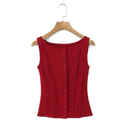 Lace-Trim Plain Button Up Slim-Fit Tank Top