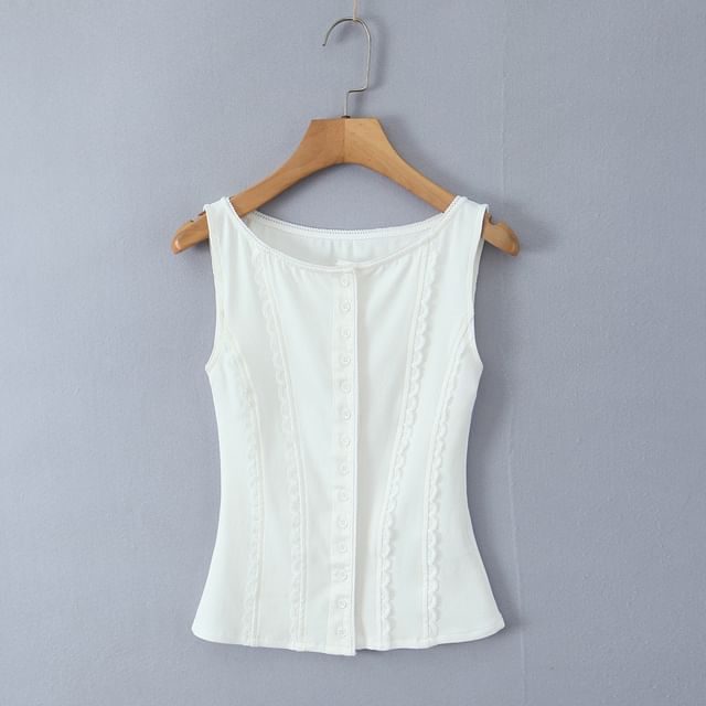 Lace-Trim Plain Button Up Slim-Fit Tank Top