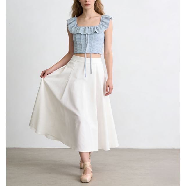 Square-Neck Ruffled-Trim Lace Corset Tank Top