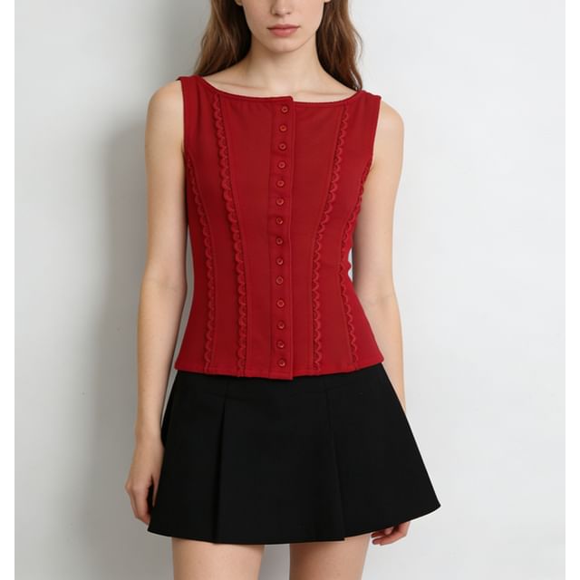 Lace-Trim Plain Button Up Slim-Fit Tank Top