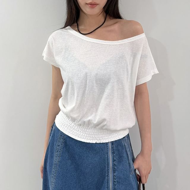 Short-Sleeve Round Neck Off Shoulder Plain T-Shirt
