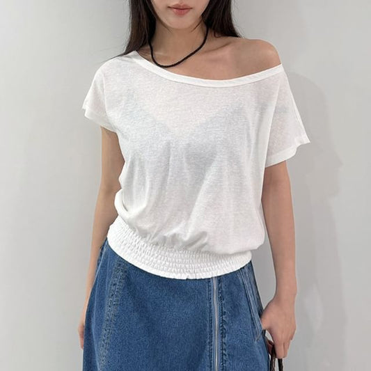 Short-Sleeve Round Neck Off Shoulder Plain T-Shirt