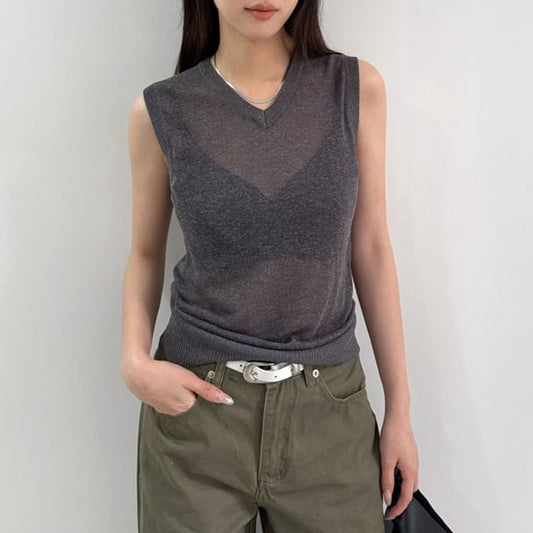 Sleeveless V-Neck Plain Knit Top