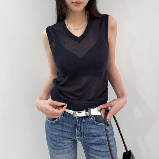 Sleeveless V-Neck Plain Knit Top