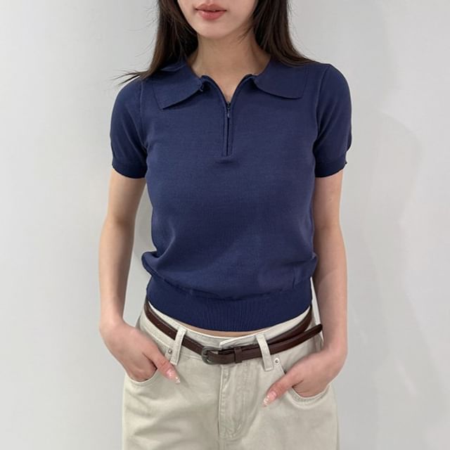 Short-Sleeve Half Zip Plain Polo Shirt