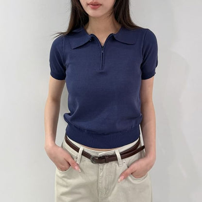 Short-Sleeve Half Zip Plain Polo Shirt