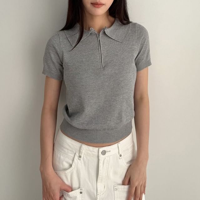 Short-Sleeve Half Zip Plain Polo Shirt