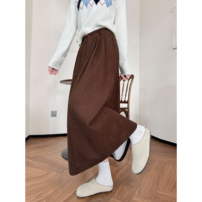 High Waist Corduroy Midi A-Line Skirt