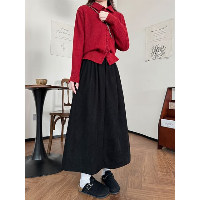 High Waist Corduroy Midi A-Line Skirt