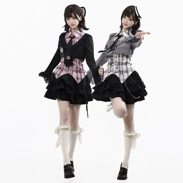 Long-Sleeve Collared Plaid Button Up Shirt / Ruffle Trim Crop Cardigan / Mid Rise Mini A-Line Skirt