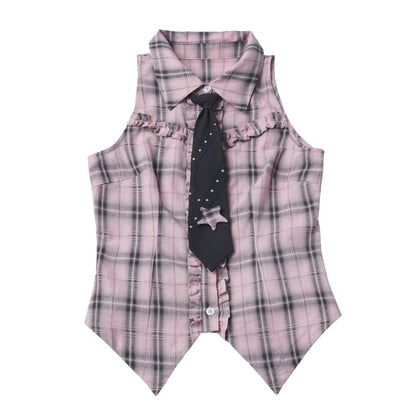 Long-Sleeve Collared Plaid Button Up Shirt / Ruffle Trim Crop Cardigan / Mid Rise Mini A-Line Skirt