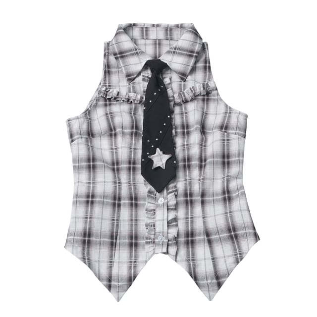 Long-Sleeve Collared Plaid Button Up Shirt / Ruffle Trim Crop Cardigan / Mid Rise Mini A-Line Skirt