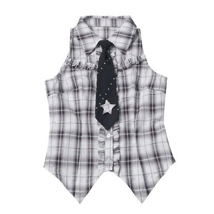 Long-Sleeve Collared Plaid Button Up Shirt / Ruffle Trim Crop Cardigan / Mid Rise Mini A-Line Skirt
