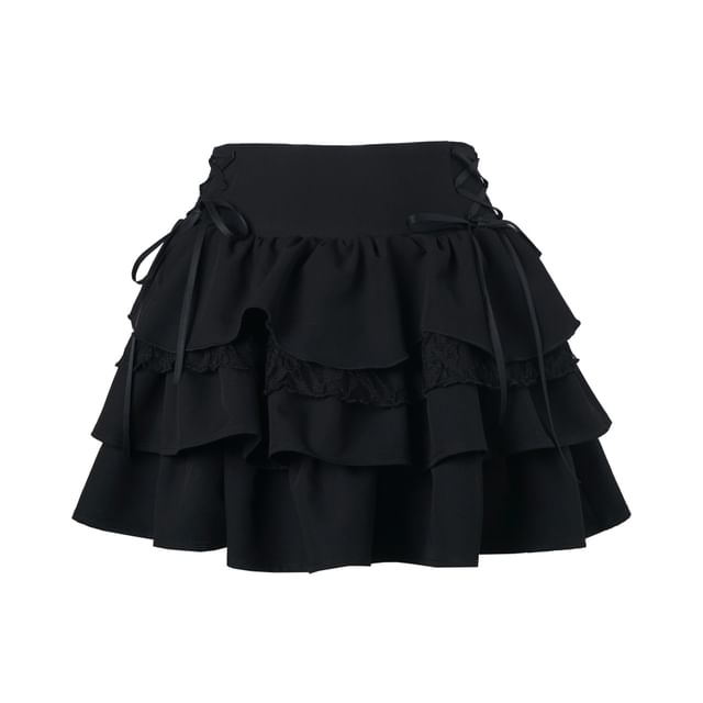 Long-Sleeve Collared Plaid Button Up Shirt / Ruffle Trim Crop Cardigan / Mid Rise Mini A-Line Skirt