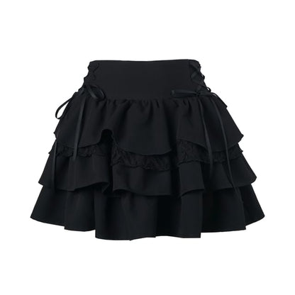 Long-Sleeve Collared Plaid Button Up Shirt / Ruffle Trim Crop Cardigan / Mid Rise Mini A-Line Skirt