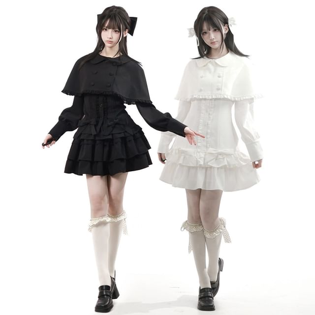 Long-Sleeve Band Collar Plain Blouse / Collared Plain Crop Cape / Mid Rise Plain Mini A-Line Skirt / Long-Sleeve Collared Plain Ruffle Trim Mini A-Line Dress