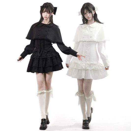 Long-Sleeve Band Collar Plain Blouse / Collared Plain Crop Cape / Mid Rise Plain Mini A-Line Skirt / Long-Sleeve Collared Plain Ruffle Trim Mini A-Line Dress