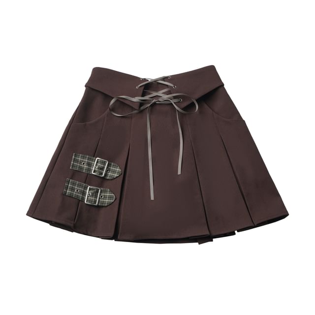 Short-Sleeve Collared Plaid Button Up Shirt / Scoop Neck Button Up Vest / High Waist Plain Mini A-Line Skirt / Mid Rise Midi A-Line Skirt