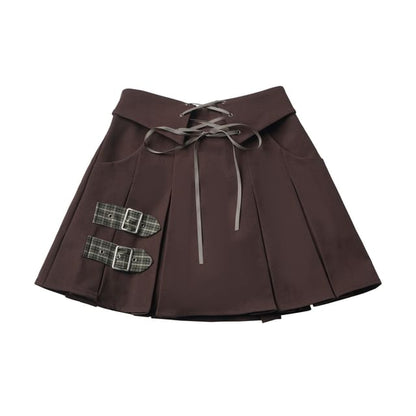 Short-Sleeve Collared Plaid Button Up Shirt / Scoop Neck Button Up Vest / High Waist Plain Mini A-Line Skirt / Mid Rise Midi A-Line Skirt