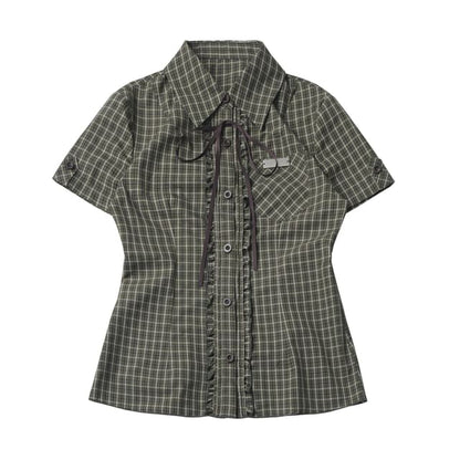Short-Sleeve Collared Plaid Button Up Shirt / Scoop Neck Button Up Vest / High Waist Plain Mini A-Line Skirt / Mid Rise Midi A-Line Skirt
