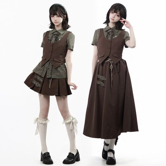 Short-Sleeve Collared Plaid Button Up Shirt / Scoop Neck Button Up Vest / High Waist Plain Mini A-Line Skirt / Mid Rise Midi A-Line Skirt