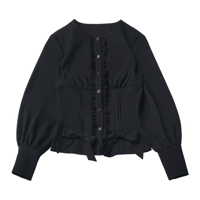Long-Sleeve Band Collar Plain Blouse / Collared Plain Crop Cape / Mid Rise Plain Mini A-Line Skirt / Long-Sleeve Collared Plain Ruffle Trim Mini A-Line Dress