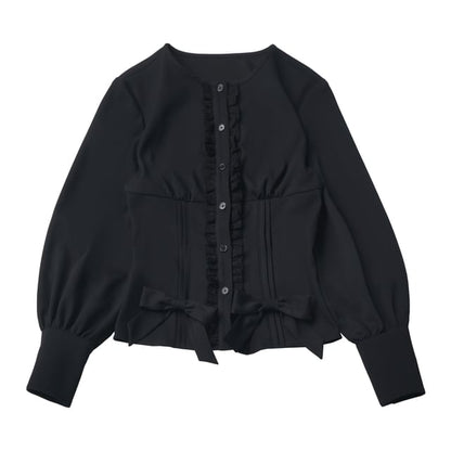 Long-Sleeve Band Collar Plain Blouse / Collared Plain Crop Cape / Mid Rise Plain Mini A-Line Skirt / Long-Sleeve Collared Plain Ruffle Trim Mini A-Line Dress