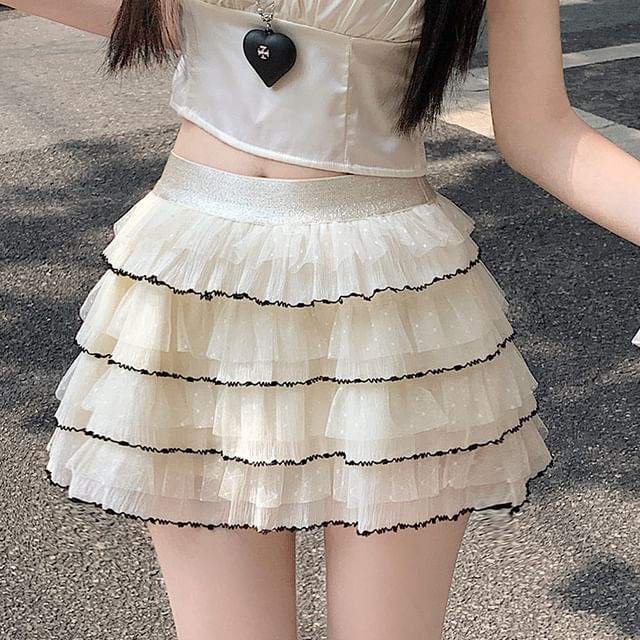 High Waist Contrast Trim Tiered Mesh Mini A-Line Skirt