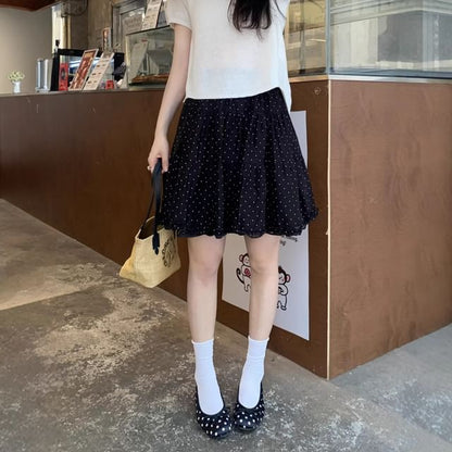 High Waist Micro Dotted Frill Tiered Mini A-Line Skirt