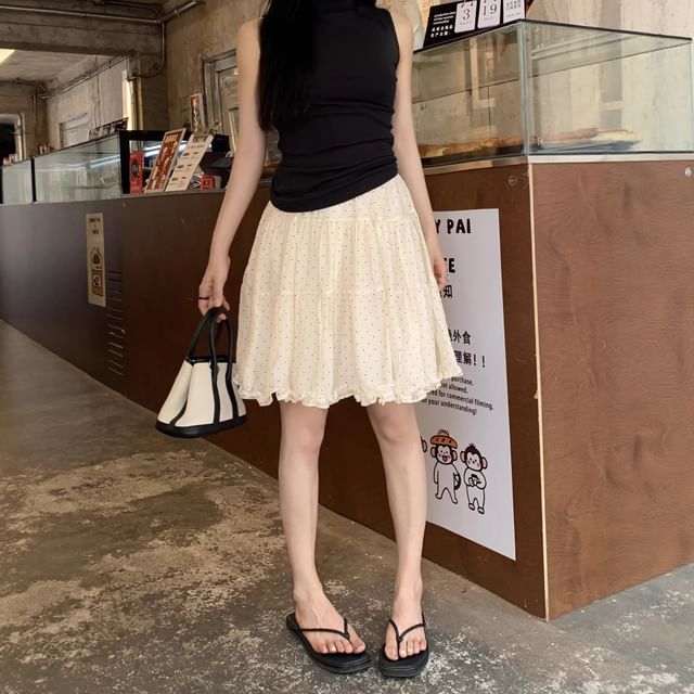 High Waist Micro Dotted Frill Tiered Mini A-Line Skirt