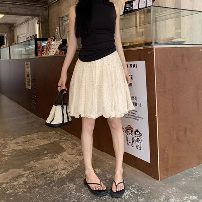 High Waist Micro Dotted Frill Tiered Mini A-Line Skirt